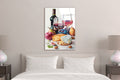 Wine and Cheese Still Life Glass Wall Art in a living room interior