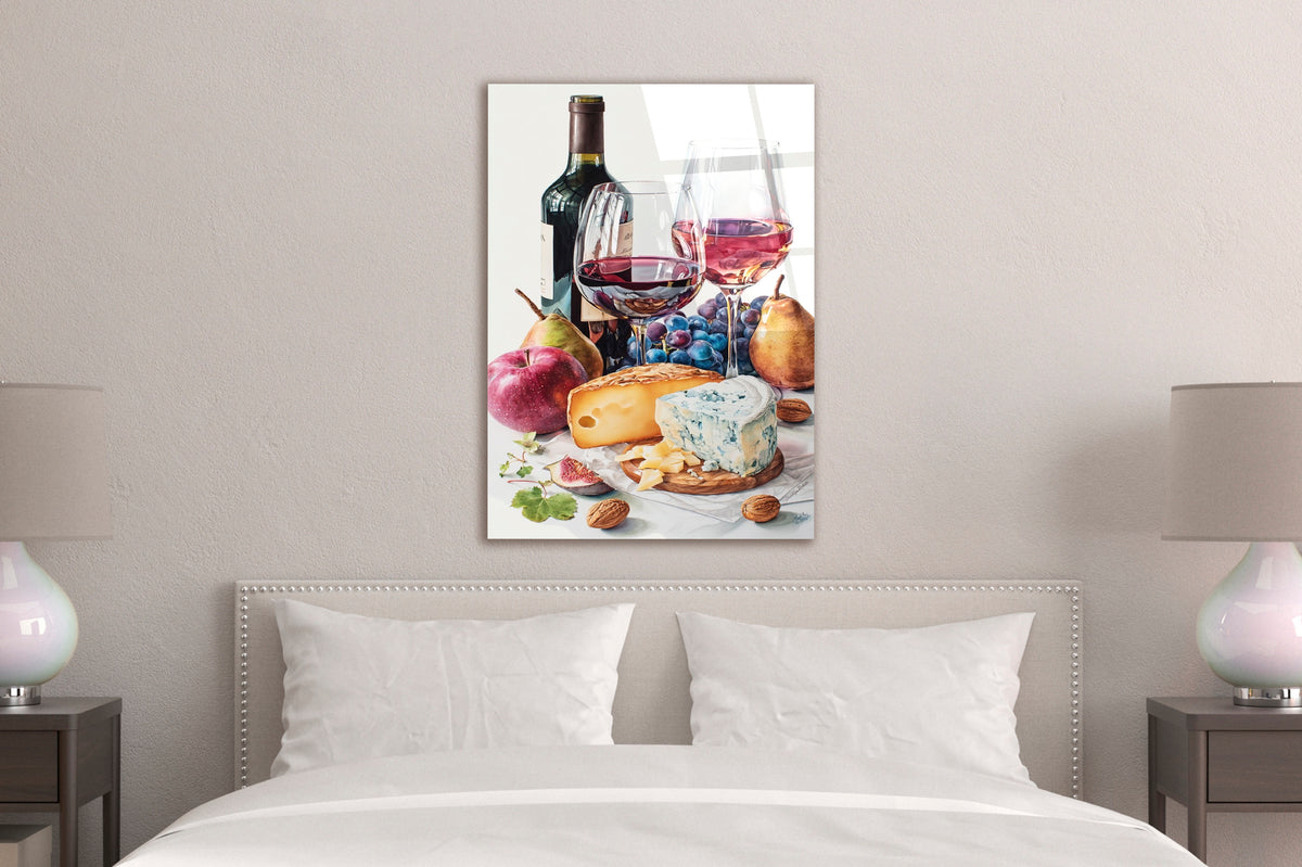 Wine and Cheese Still Life Glass Wall Art in a living room interior