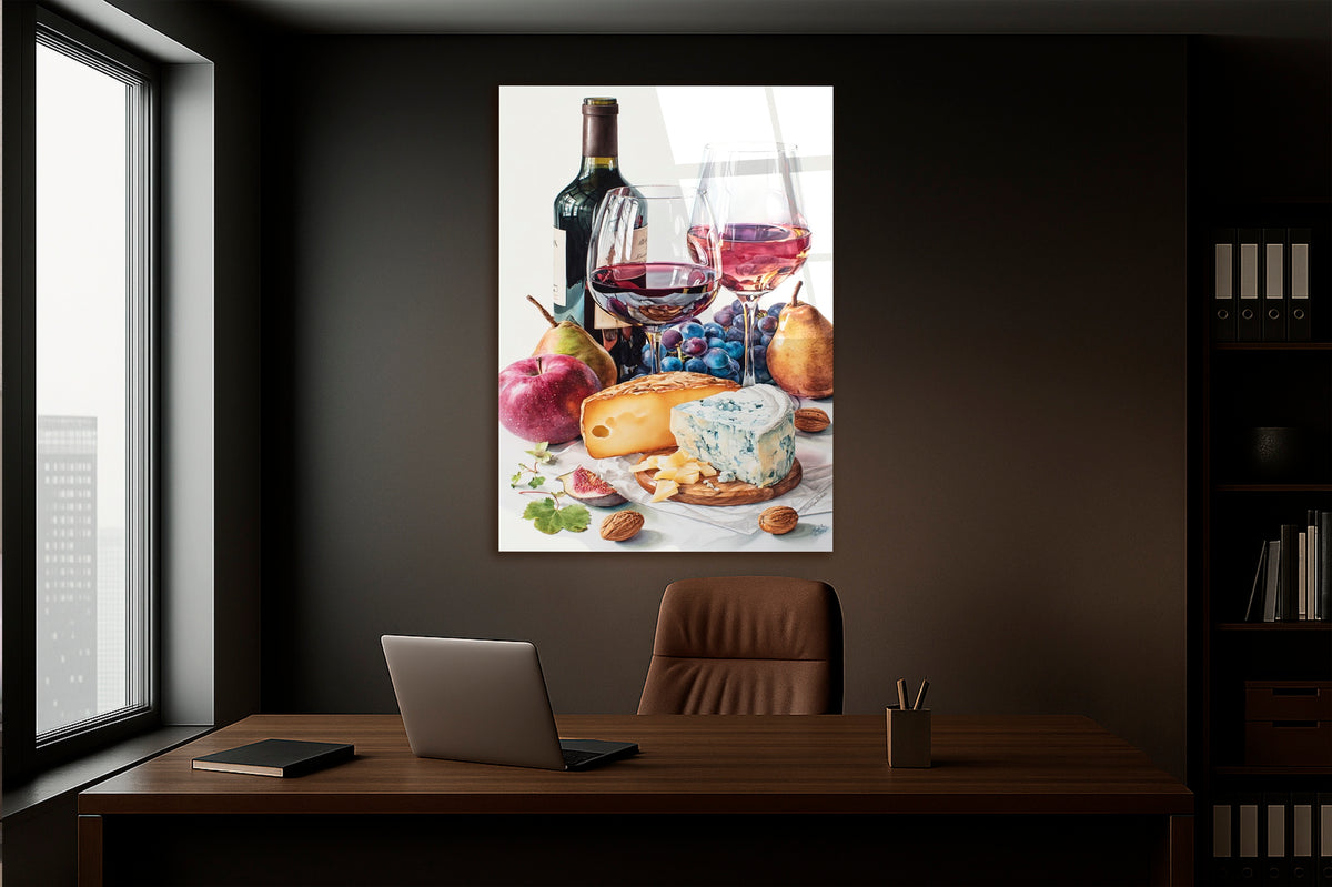 Wine and Cheese Still Life Glass Wall Art in a modern interior