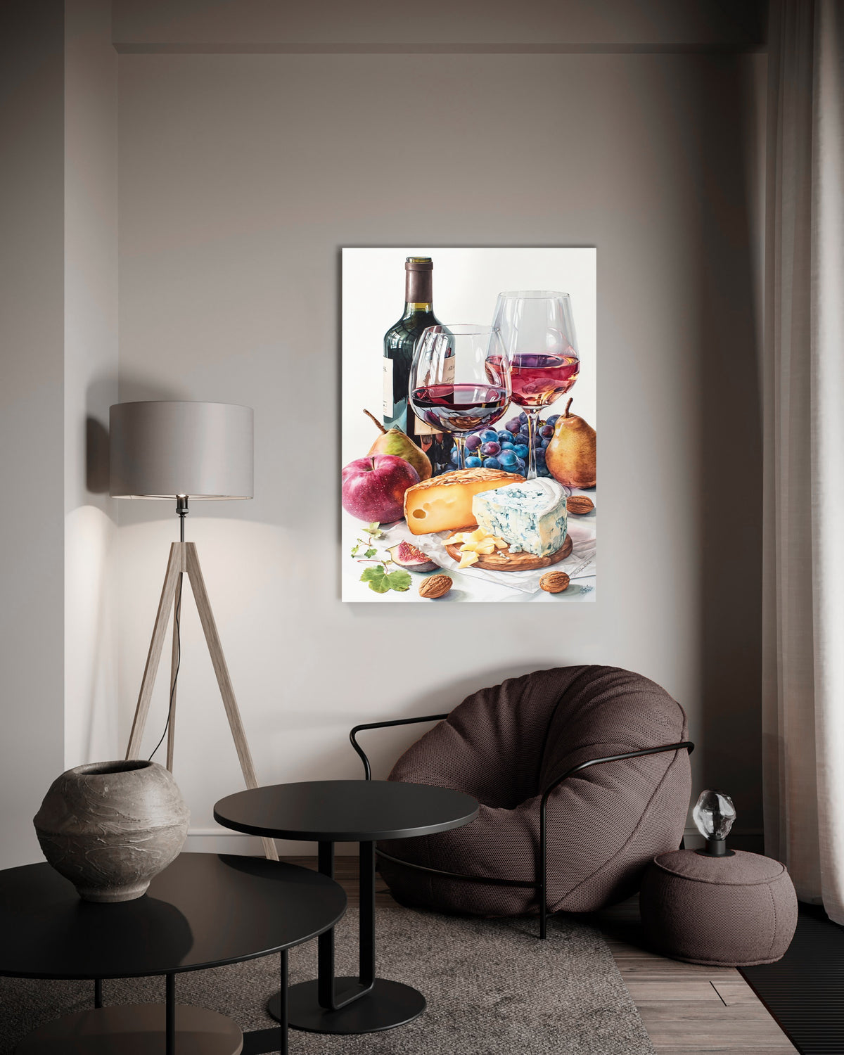 Wine and Cheese Still Life Glass Wall Art on the wall