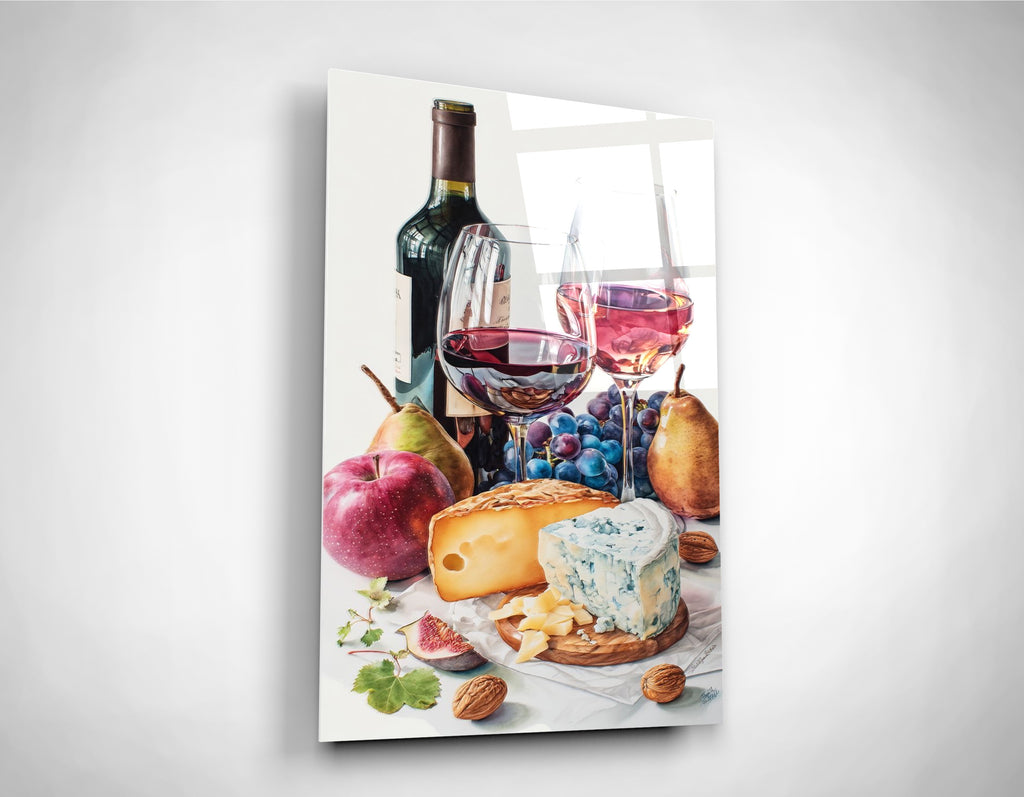 Wine and Cheese Still Life Glass Wall Art close-up