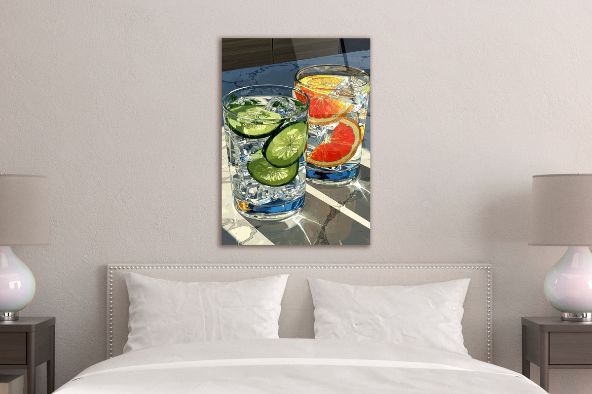 Cucumber and Citrus Cocktails Glass Wall Art in a living room interior