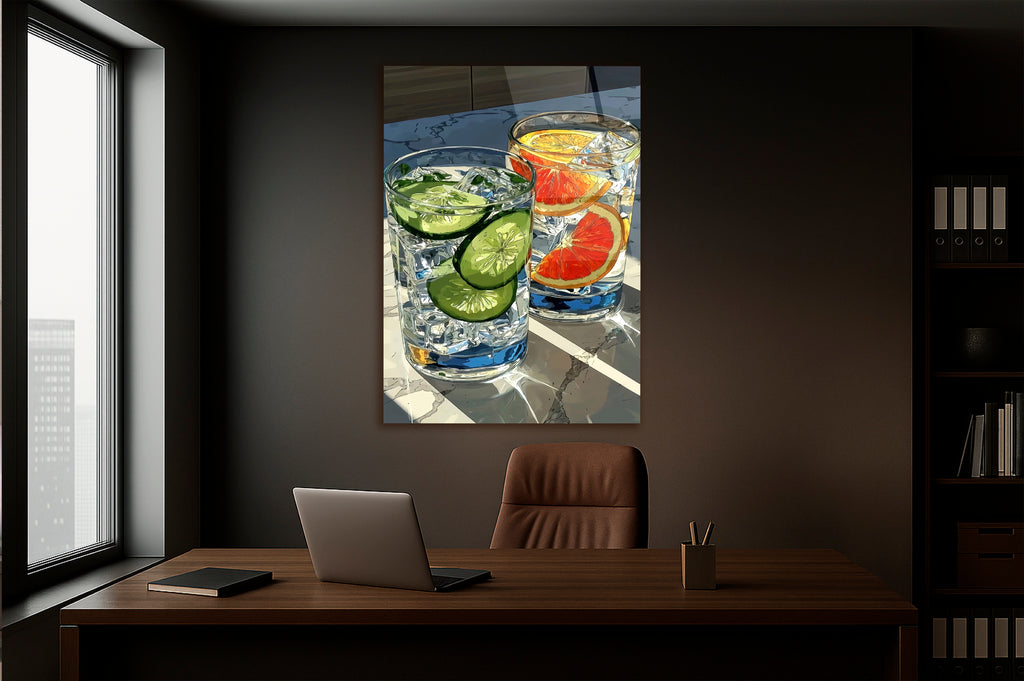 Cucumber and Citrus Cocktails Glass Wall Art in a modern interior