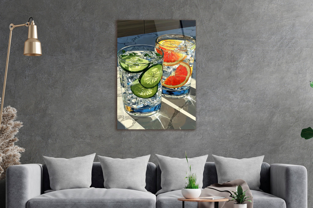 Cucumber and Citrus Cocktails Glass Wall Art on the wall