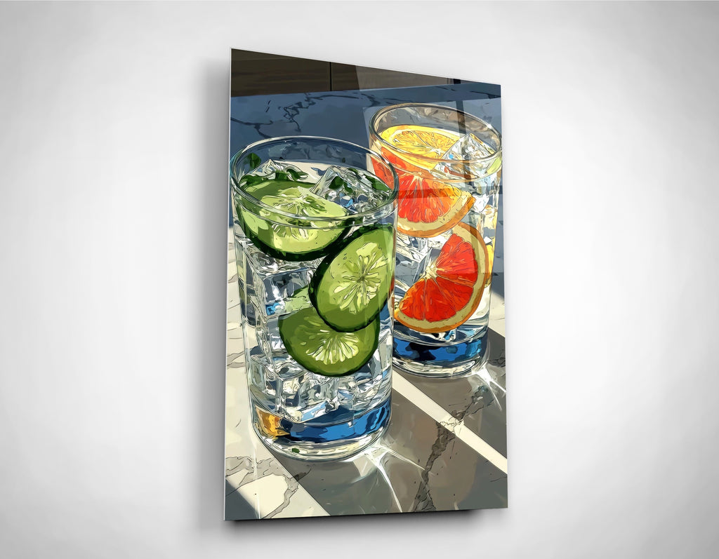 Cucumber and Citrus Cocktails Glass Wall Art close-up