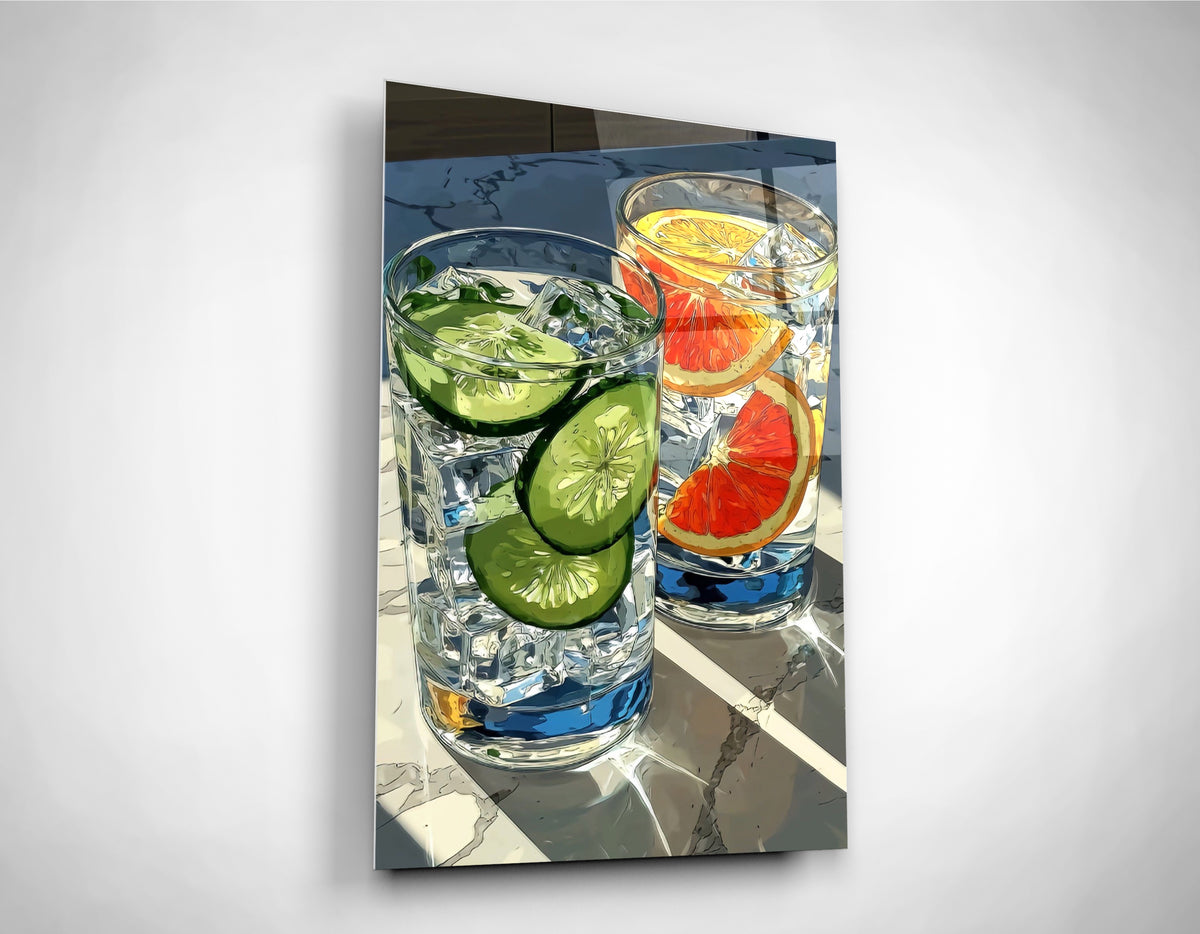 Cucumber and Citrus Cocktails Glass Wall Art close-up