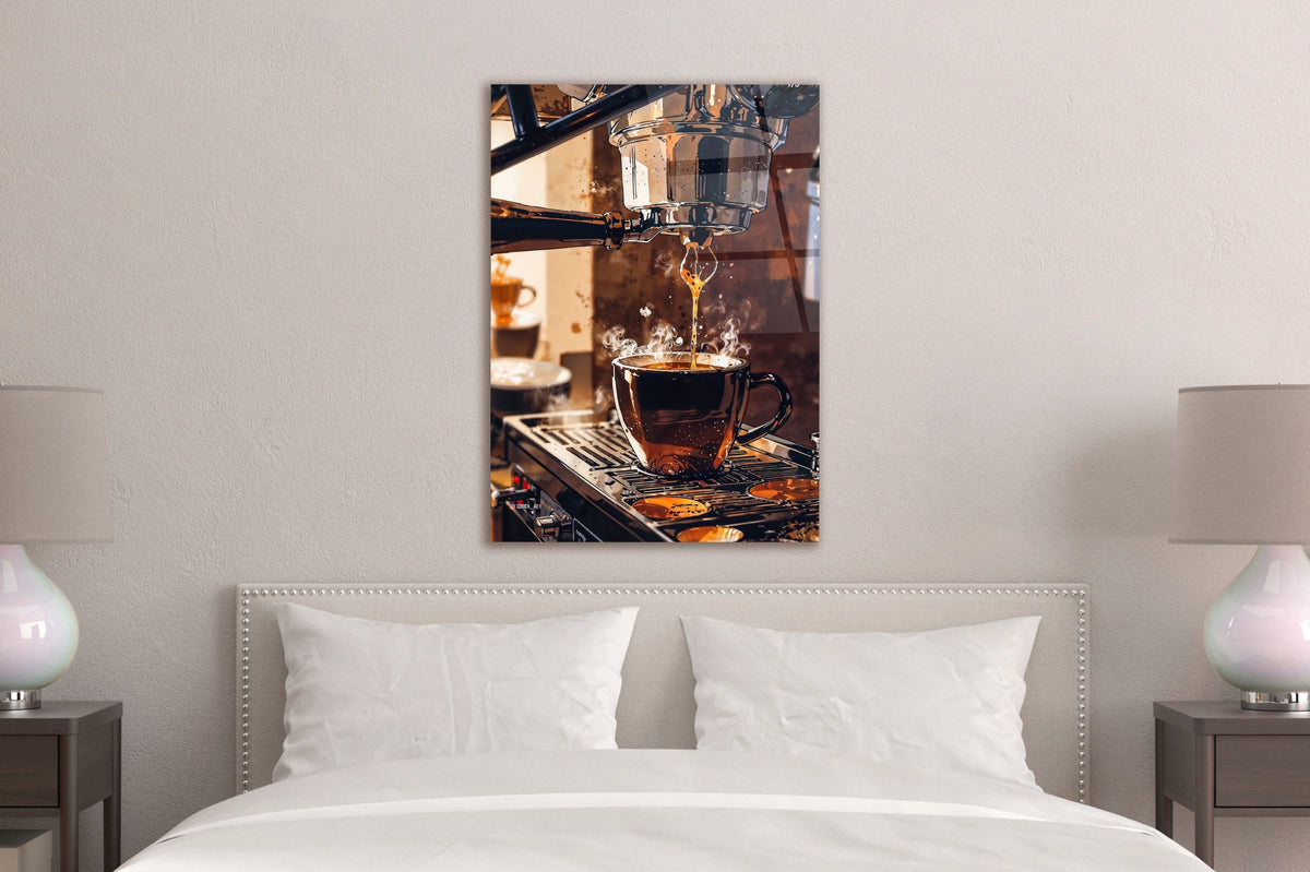 Espresso Machine Coffee Pour Glass Wall Art in a living room interior