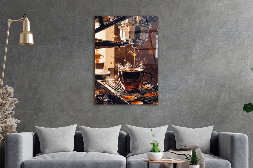 Espresso Machine Coffee Pour Glass Wall Art in a modern interior