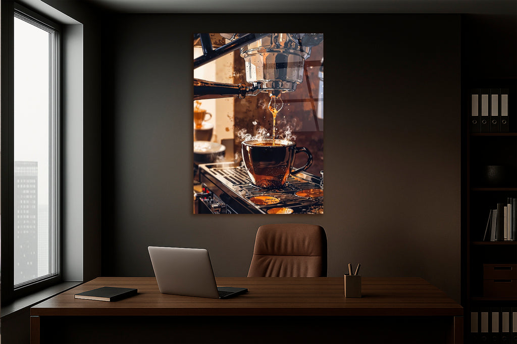 Espresso Machine Coffee Pour Glass Wall Art on the wall