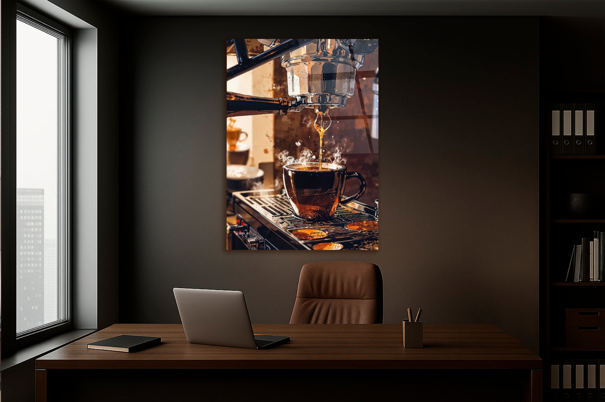 Espresso Machine Coffee Pour Glass Wall Art on the wall