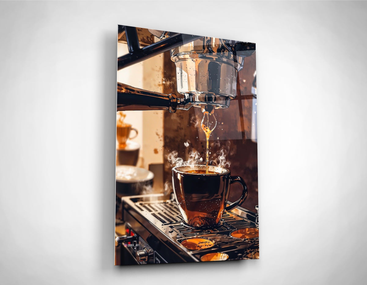 Espresso Machine Coffee Pour Glass Wall Art close-up