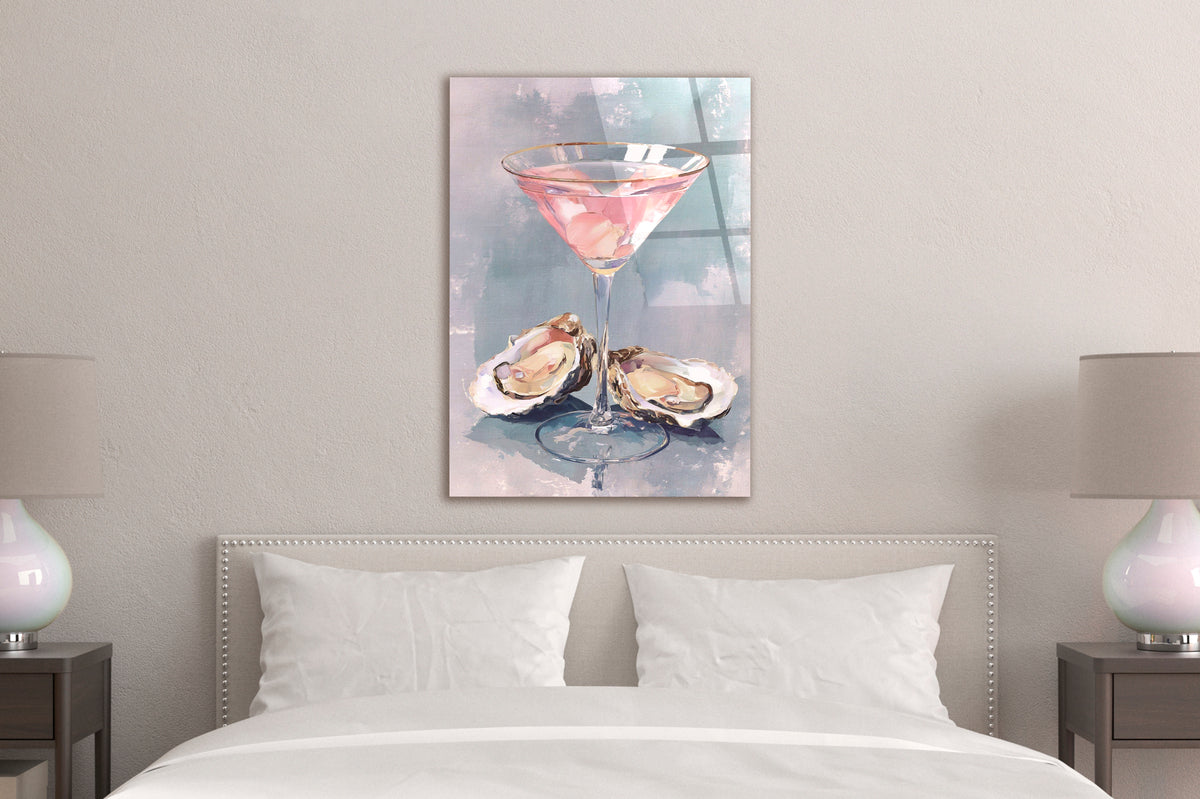 Pink Martini and Oysters Glass Wall Art in a living room interior