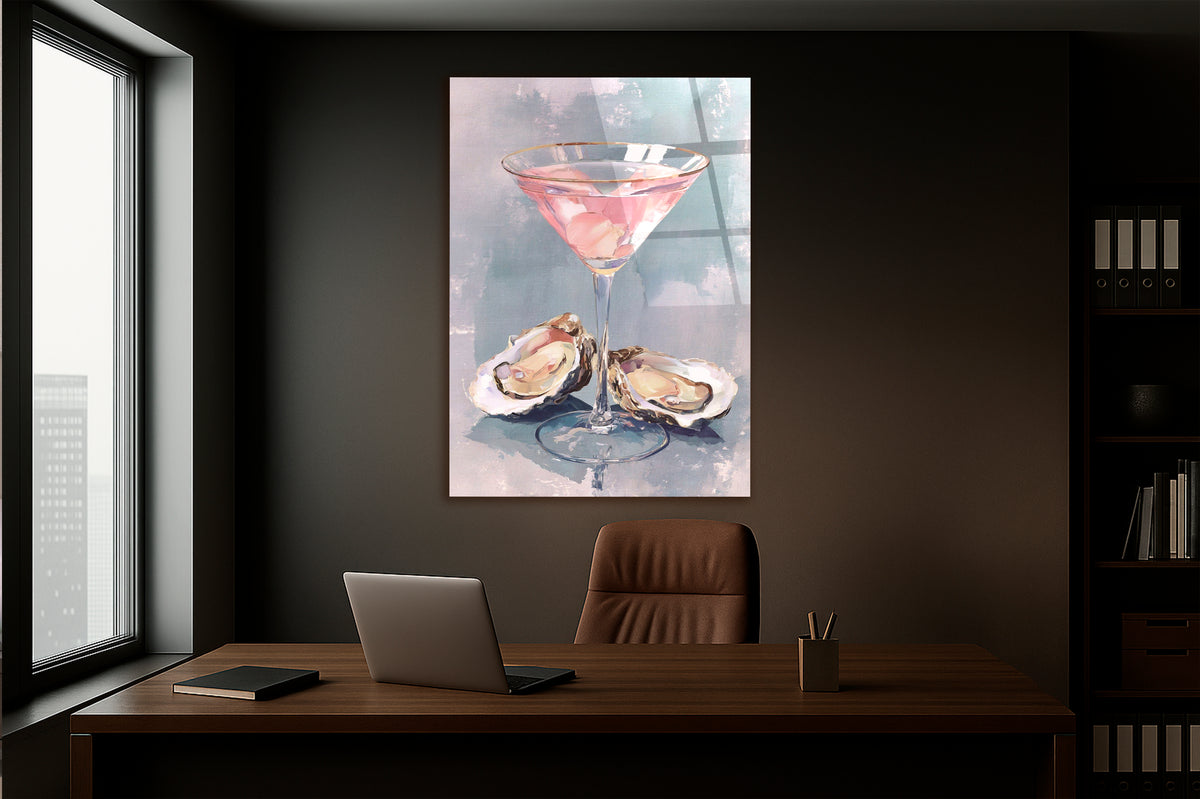 Pink Martini and Oysters Glass Wall Art in a modern interior