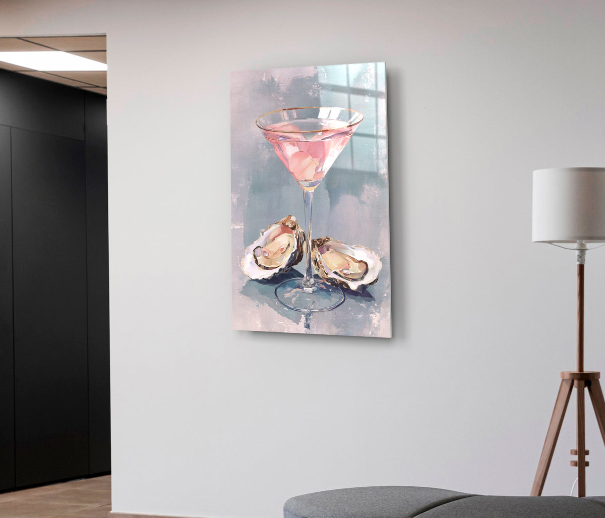 Pink Martini and Oysters Glass Wall Art on the wall