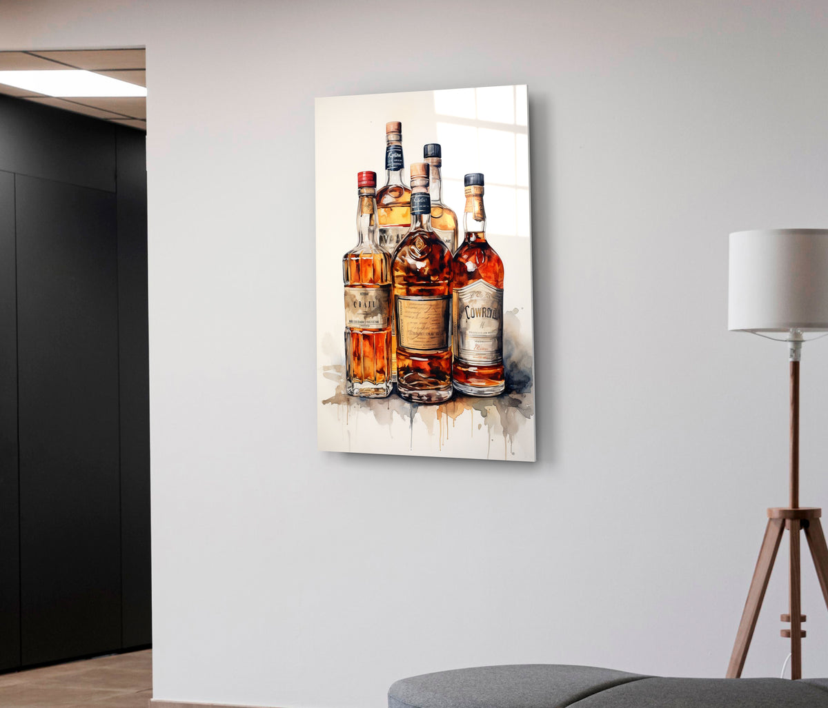 Watercolor Whiskey Bottles Glass Wall Art in a living room interior