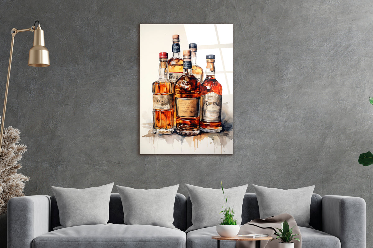 Watercolor Whiskey Bottles Glass Wall Art in a modern interior