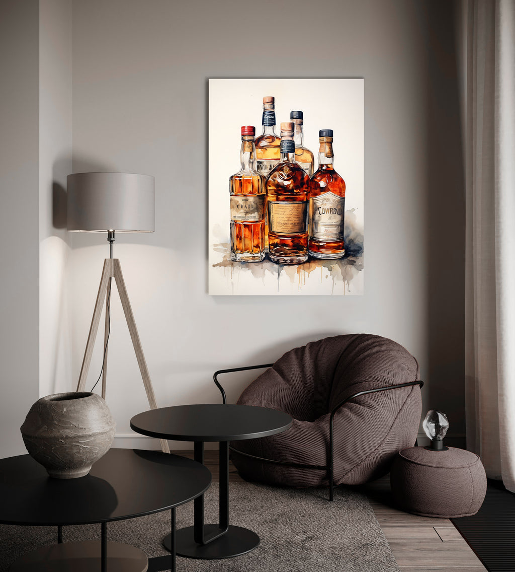 Watercolor Whiskey Bottles Glass Wall Art on the wall