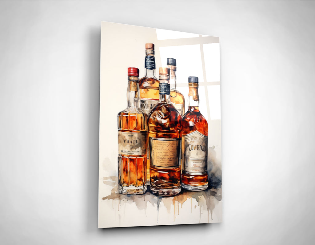 Watercolor Whiskey Bottles Glass Wall Art close-up