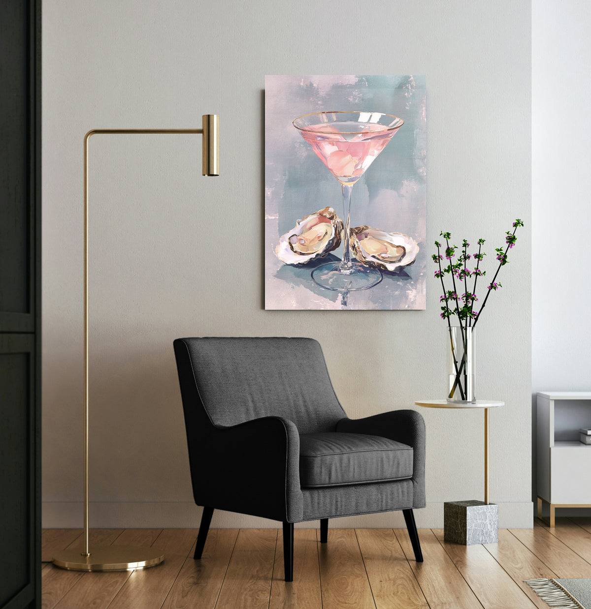 Pink Martini and Oysters Glass Wall Art in a living room interior
