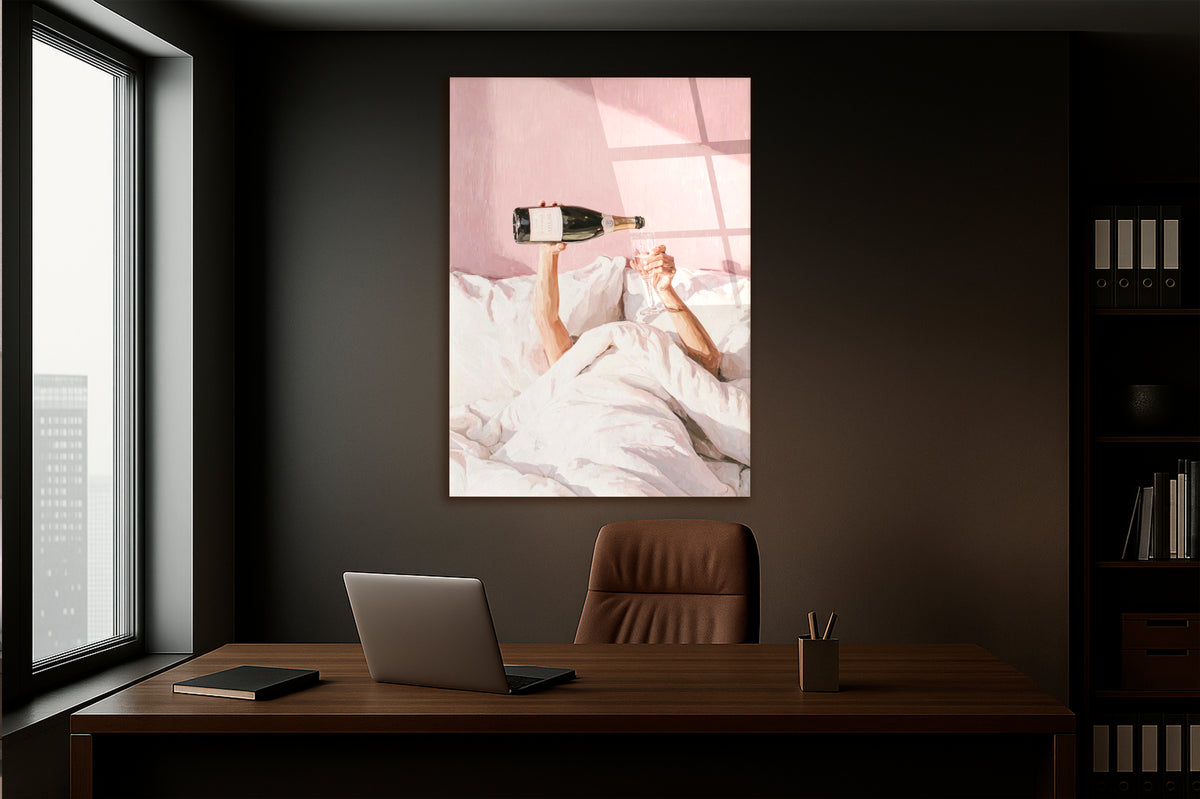 Pink Martini and Oysters Glass Wall Art in a modern interior