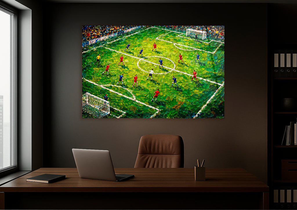 Impasto Soccer Match Glass Wall Art in a living room interior
