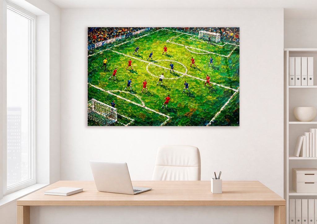 Impasto Soccer Match Glass Wall Art in a modern interior