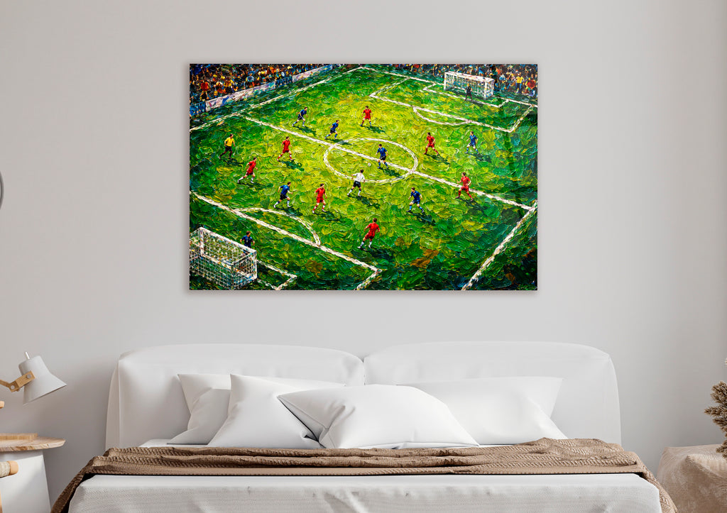 Impasto Soccer Match Glass Wall Art on the wall