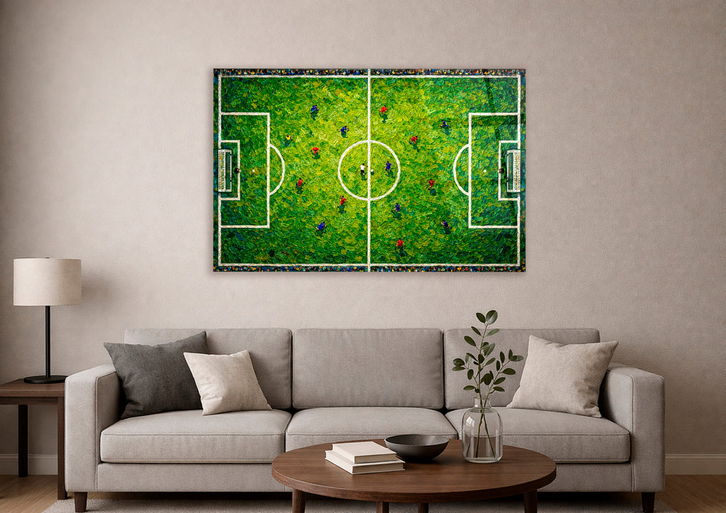 Aerial Soccer Pitch Impasto Glass Wall Art in a modern interior