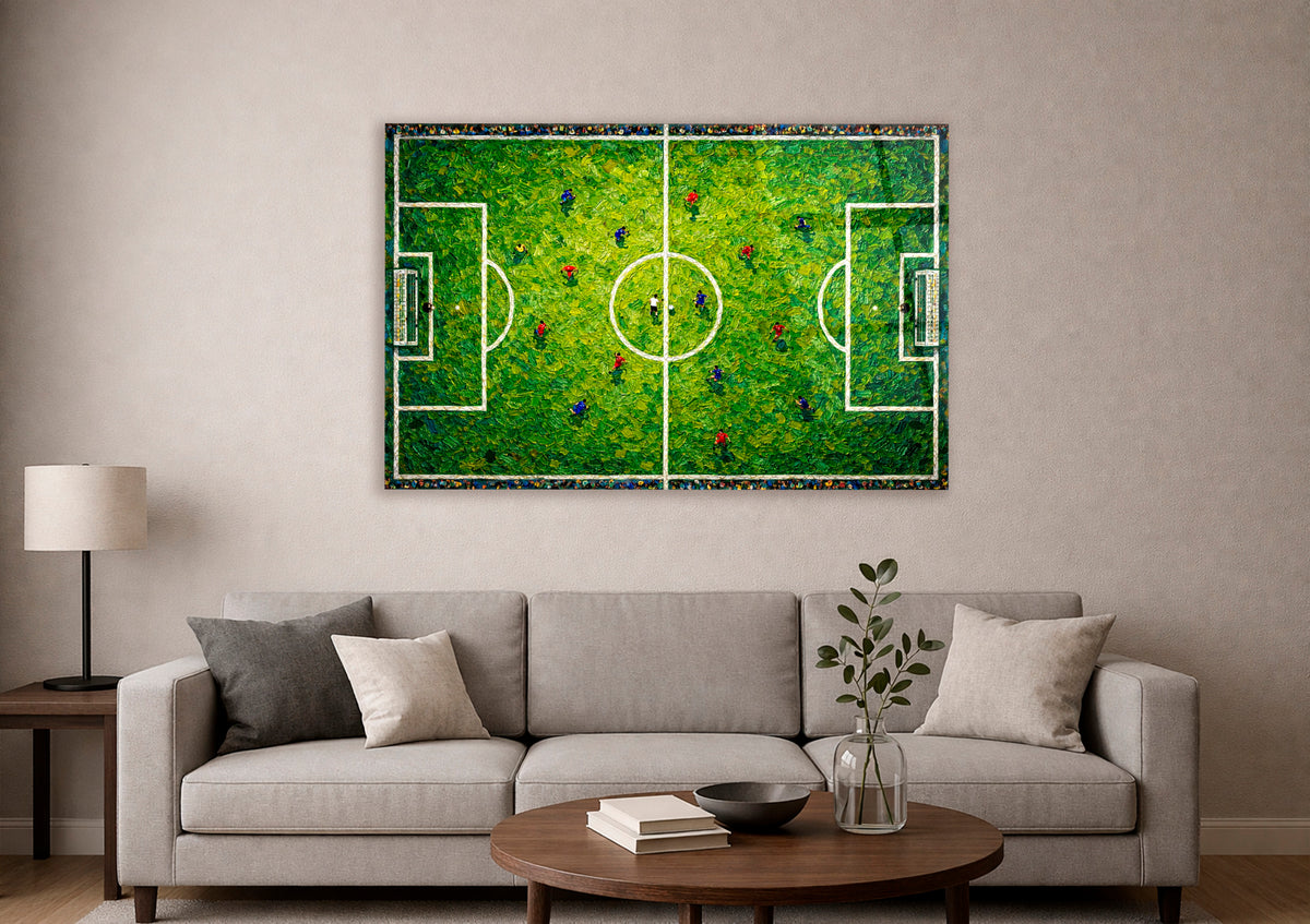 Aerial Soccer Pitch Impasto Glass Wall Art in a modern interior