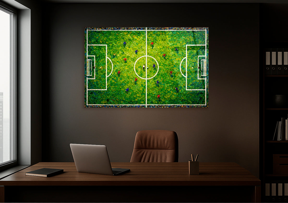 Aerial Soccer Pitch Impasto Glass Wall Art on the wall