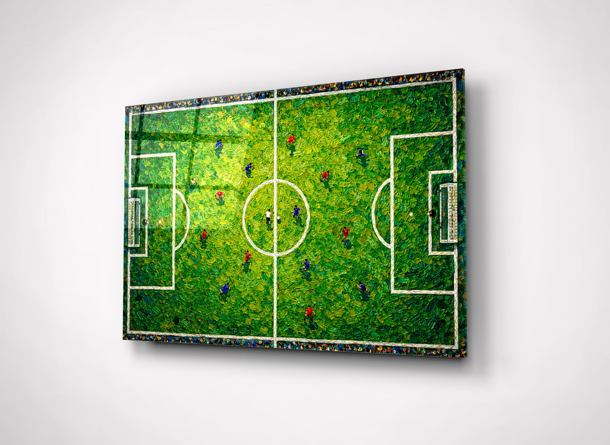 Aerial Soccer Pitch Impasto Glass Wall Art close-up