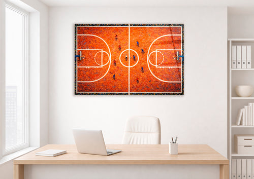 Aerial Basketball Court Impasto Glass Wall Art in a living room interior