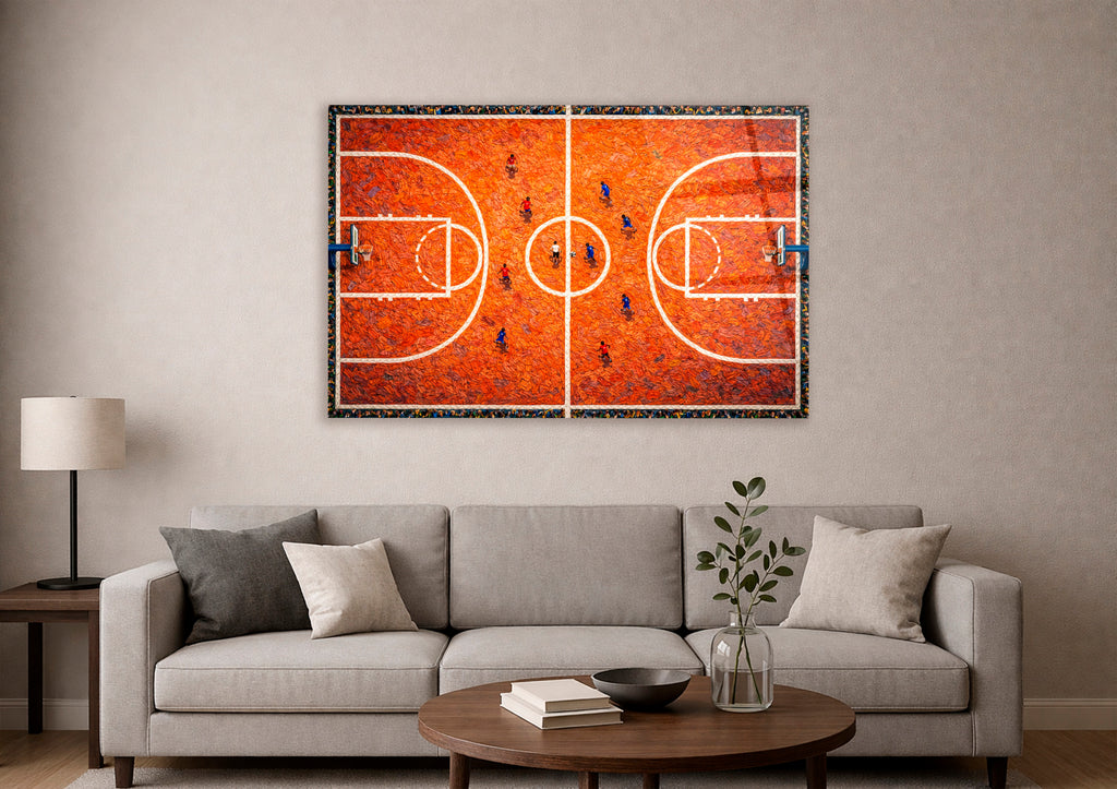 Aerial Basketball Court Impasto Glass Wall Art in a modern interior