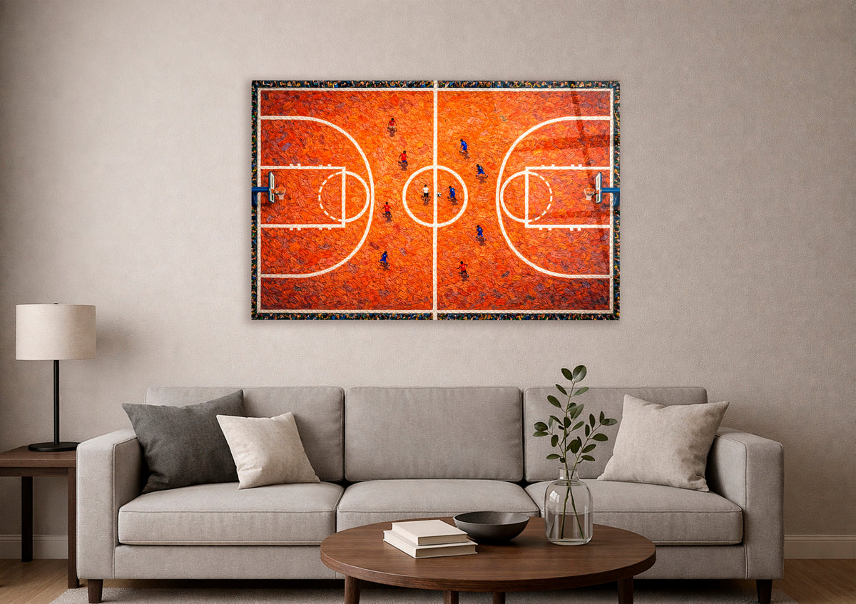 Aerial Basketball Court Impasto Glass Wall Art in a modern interior
