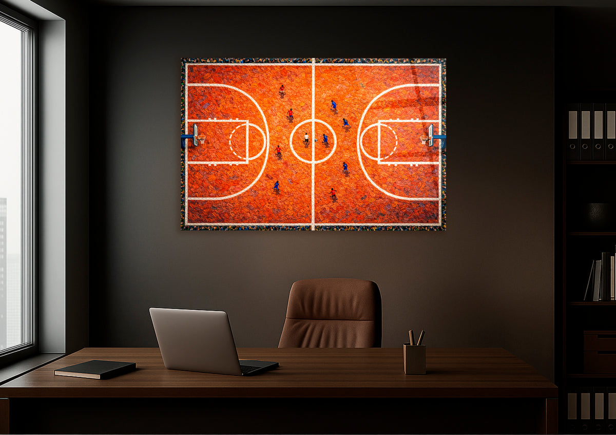 Aerial Basketball Court Impasto Glass Wall Art on the wall