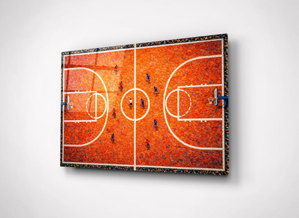 Aerial Basketball Court Impasto Glass Wall Art close-up