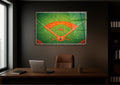 Aerial Baseball Diamond Impasto Glass Wall Art in a living room interior