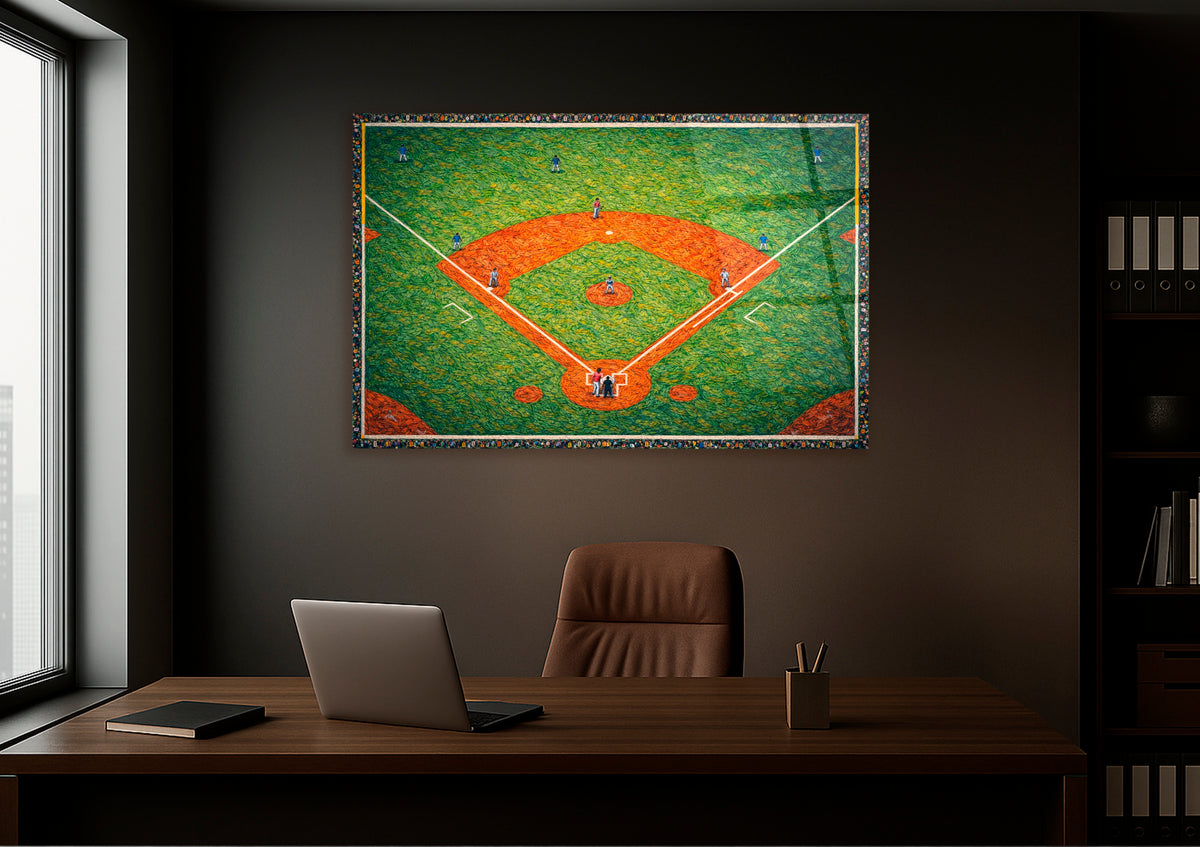 Aerial Baseball Diamond Impasto Glass Wall Art in a living room interior