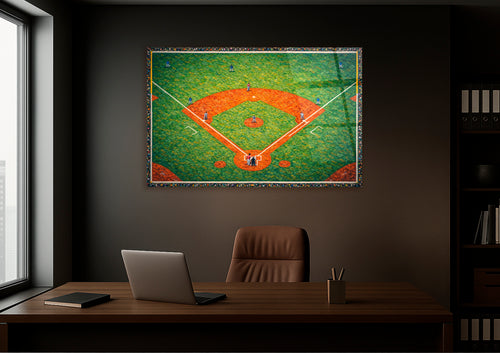 Aerial Baseball Diamond Impasto Glass Wall Art in a living room interior