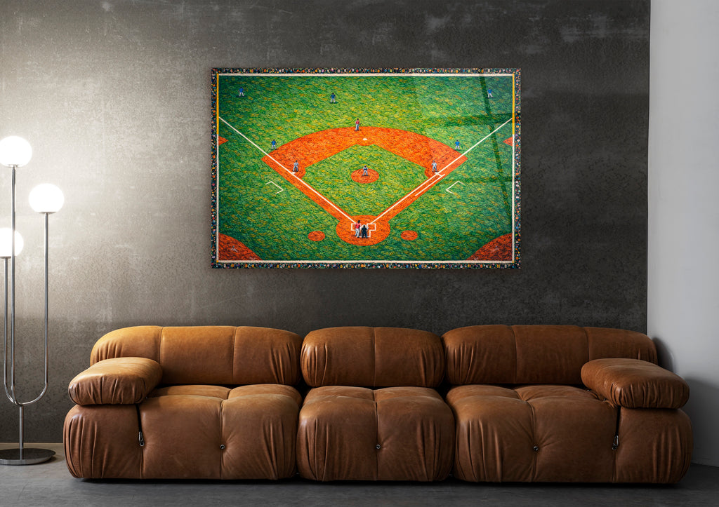 Aerial Baseball Diamond Impasto Glass Wall Art in a modern interior