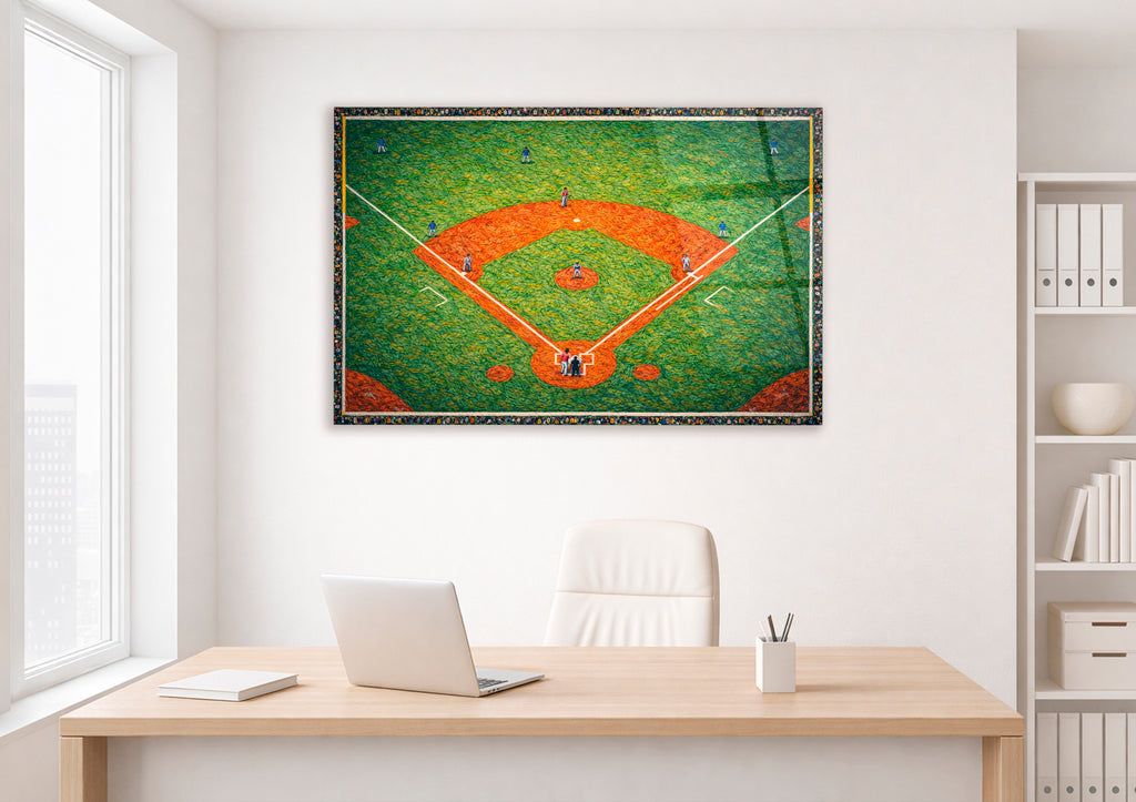 Aerial Baseball Diamond Impasto Glass Wall Art on the wall