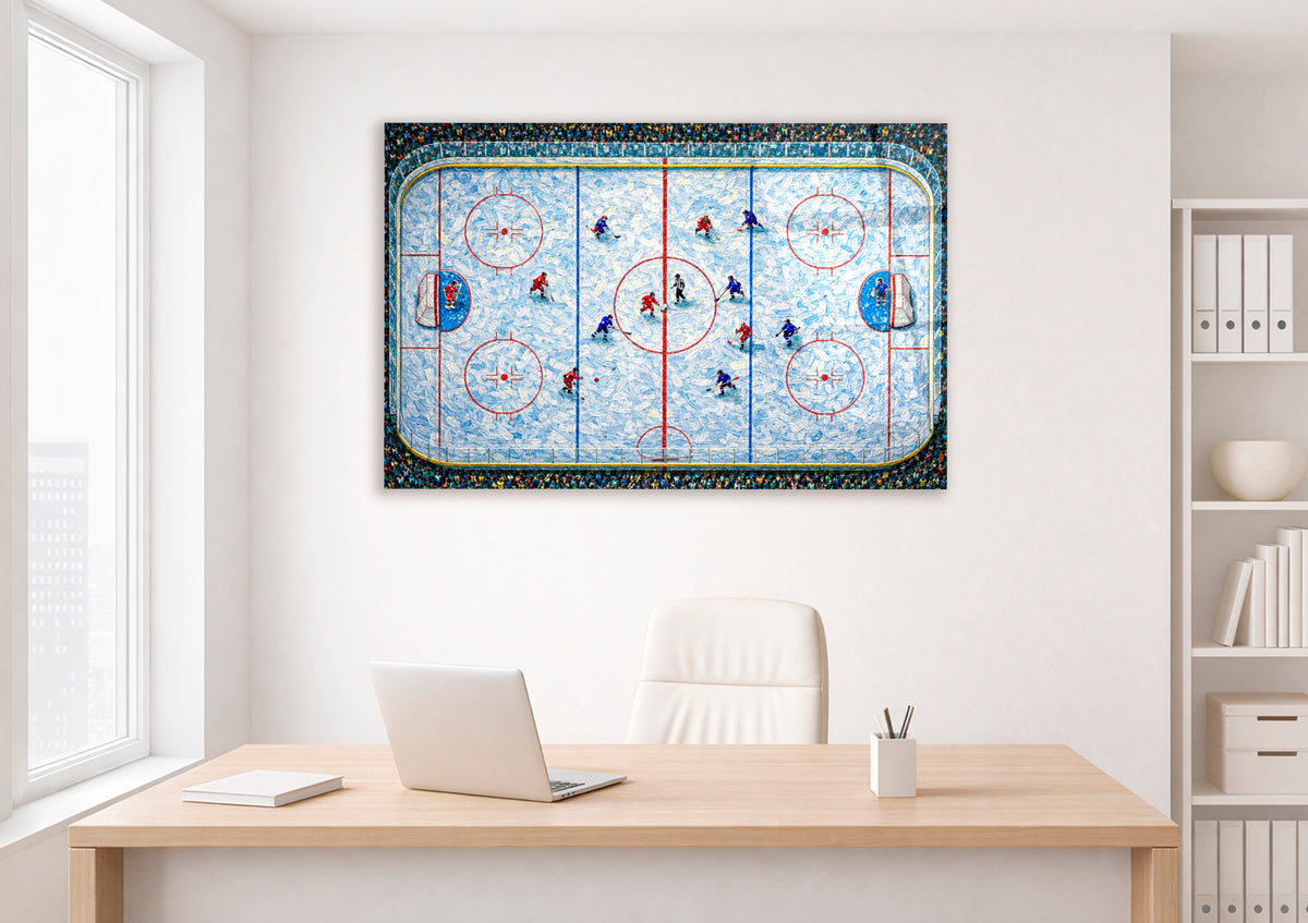 Aerial Hockey Rink Impasto Glass Wall Art in a living room interior