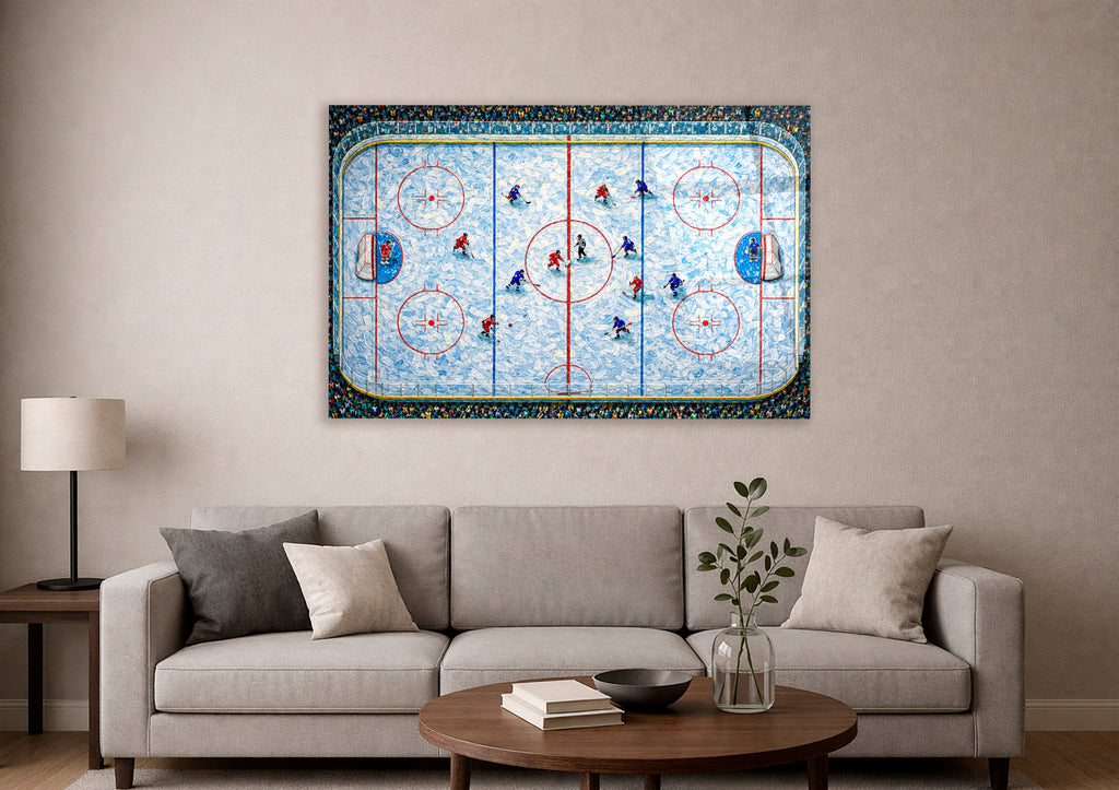 Aerial Hockey Rink Impasto Glass Wall Art in a modern interior