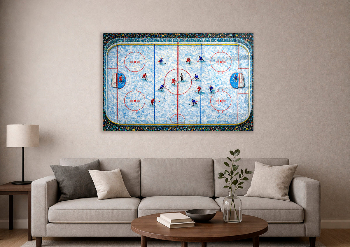 Aerial Hockey Rink Impasto Glass Wall Art in a modern interior