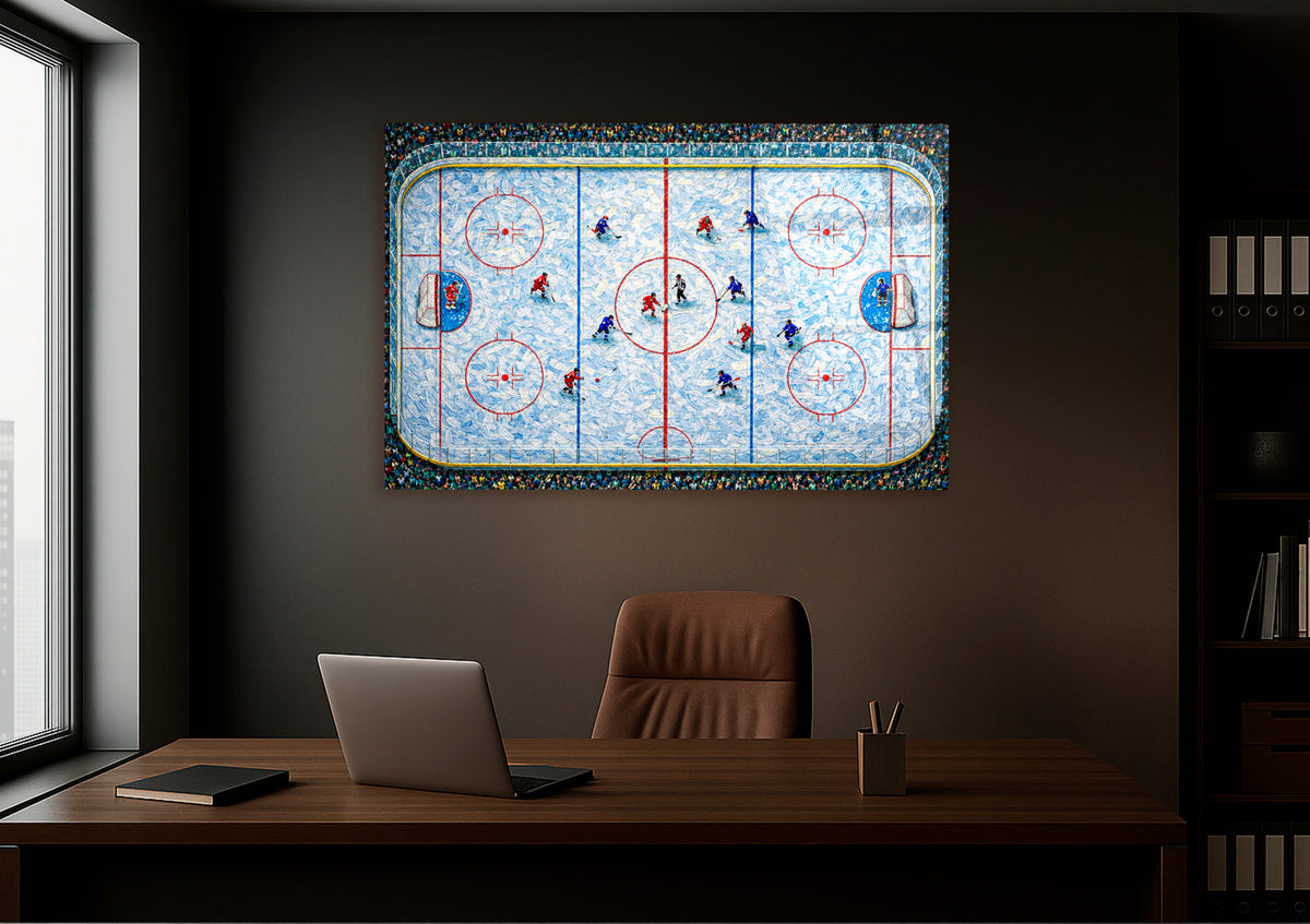 Aerial Hockey Rink Impasto Glass Wall Art on the wall