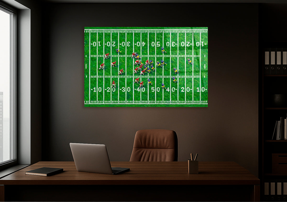 Aerial American Football Field Glass Wall Art in a living room interior