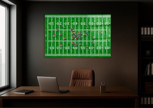 Aerial American Football Field Glass Wall Art in a living room interior