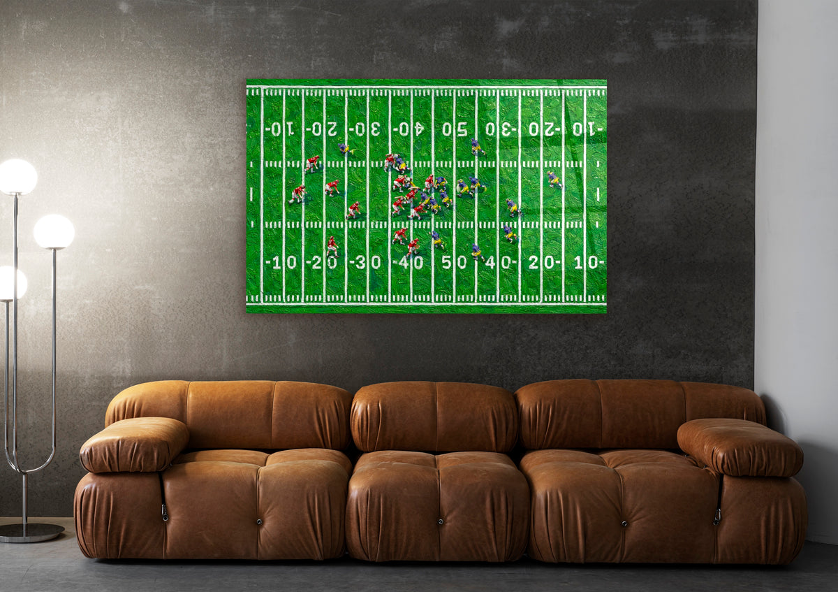 Aerial American Football Field Glass Wall Art in a modern interior