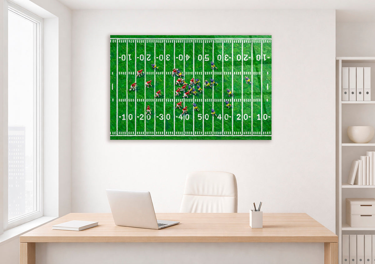 Aerial American Football Field Glass Wall Art on the wall