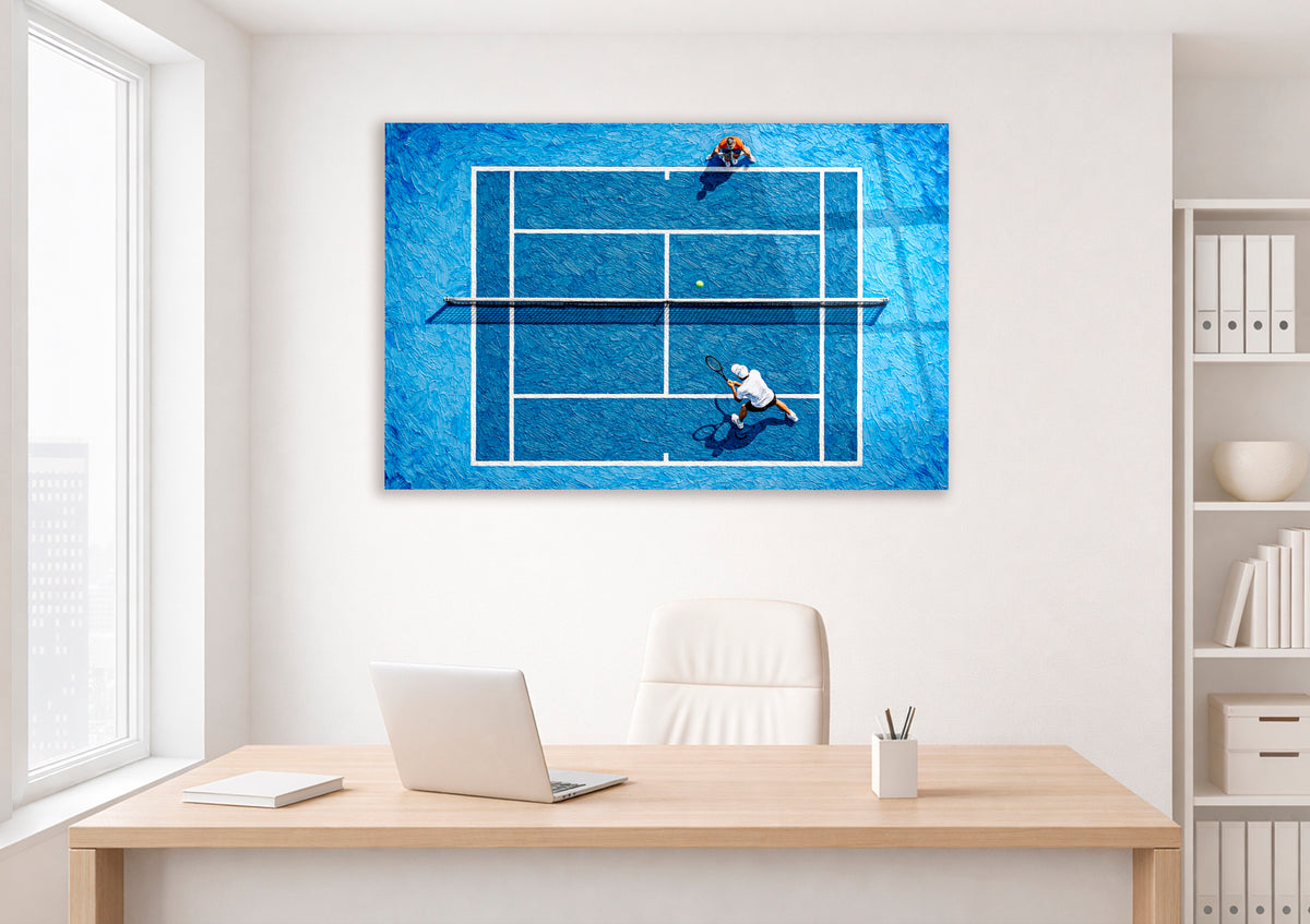 Aerial Tennis Court Impasto Glass Wall Art in a living room interior